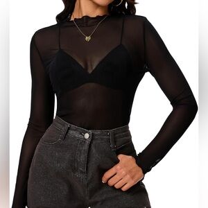 Black Sheer Mesh Long Sleeve Top Multiple Sizes